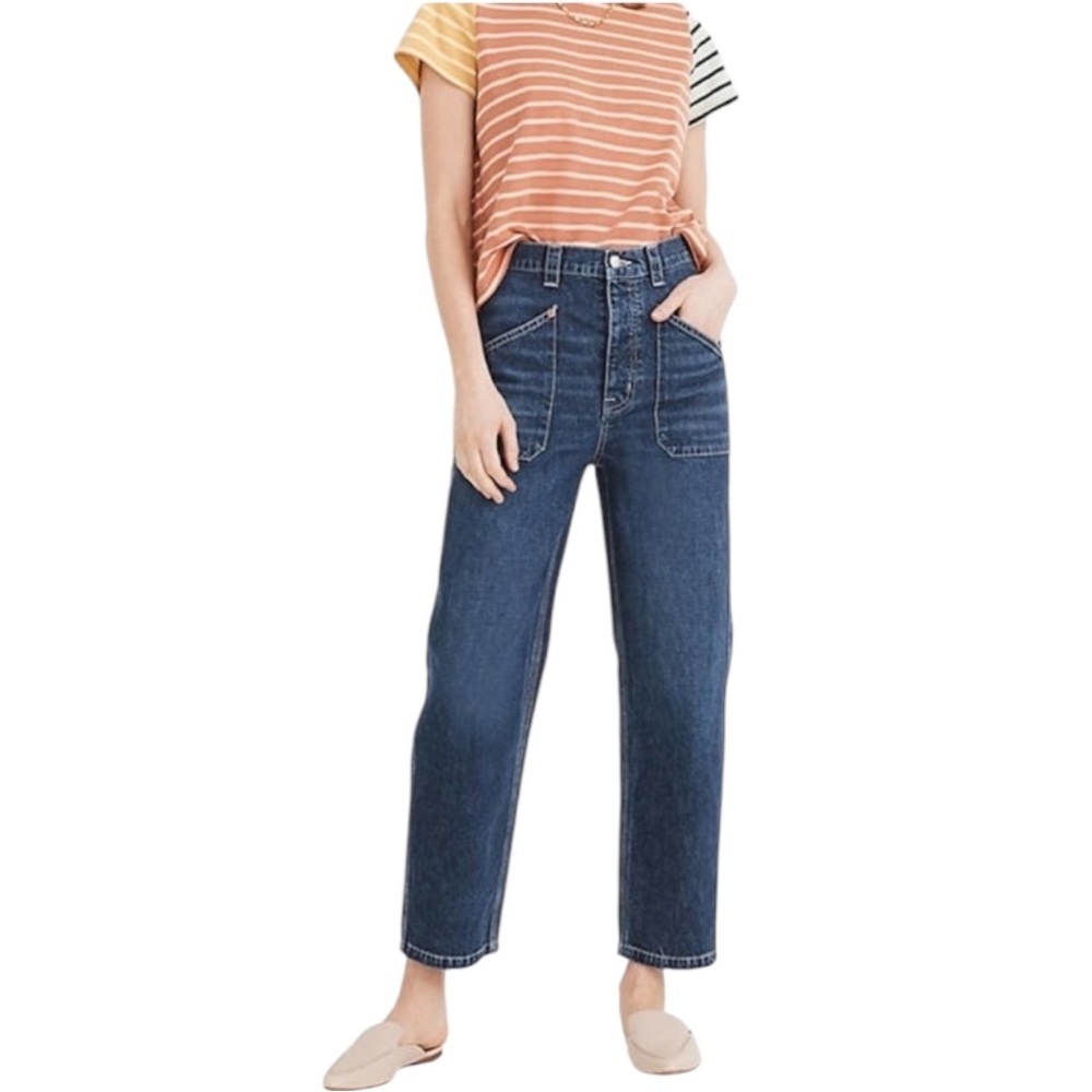 Rivet And Thread  High-Rise Relaxed Straight Jeans Dark Blue Pockets